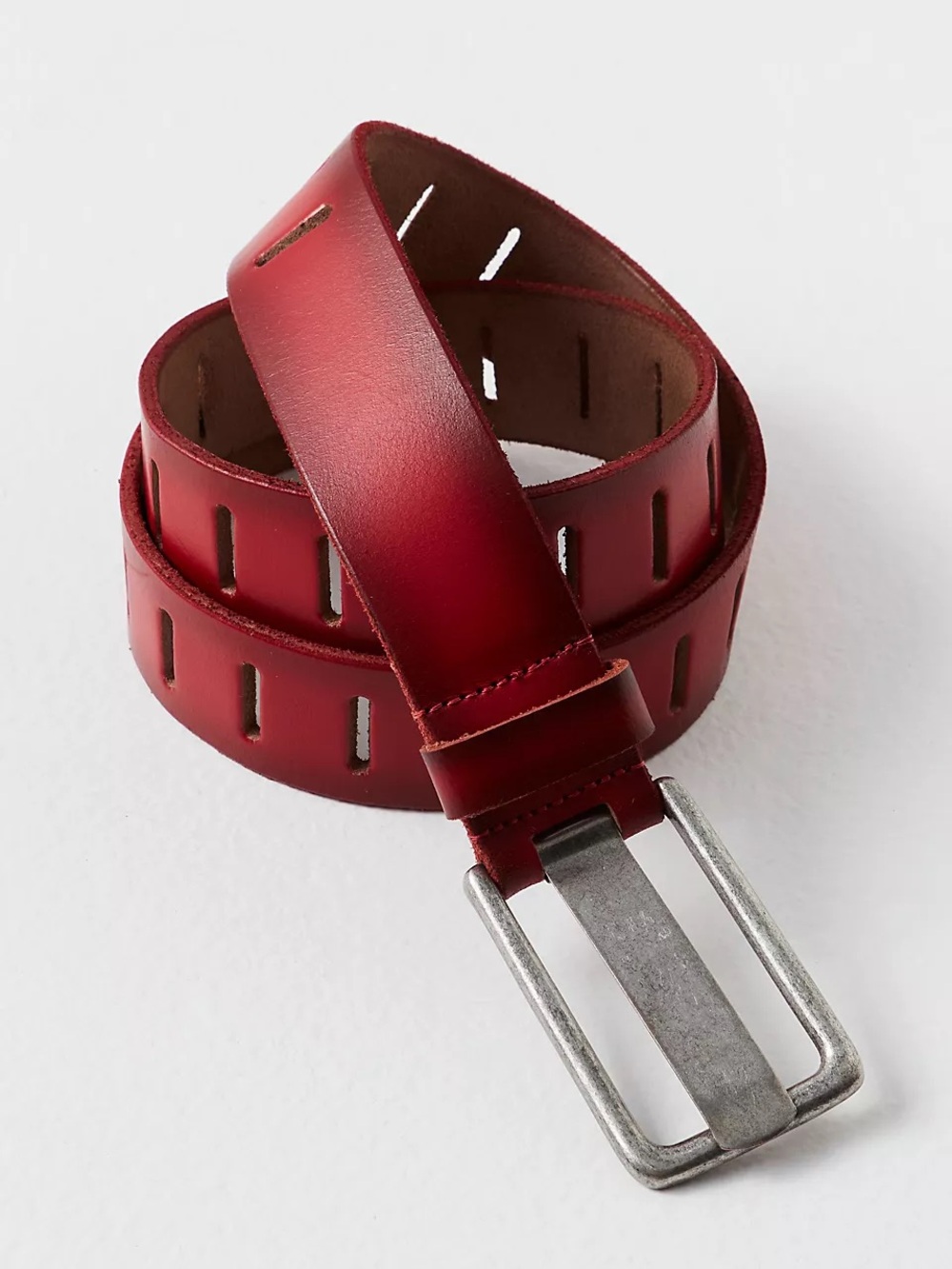 Free People Red Leather Slot-Detail Belt with Silver Buckle